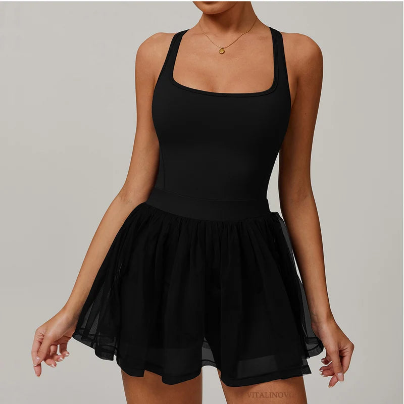 VITALINOVO Womens Tennis Dress with Built in Shorts Golf Dress Square Neck Athletic Outfits Active Dresses Raceback Padded Dress