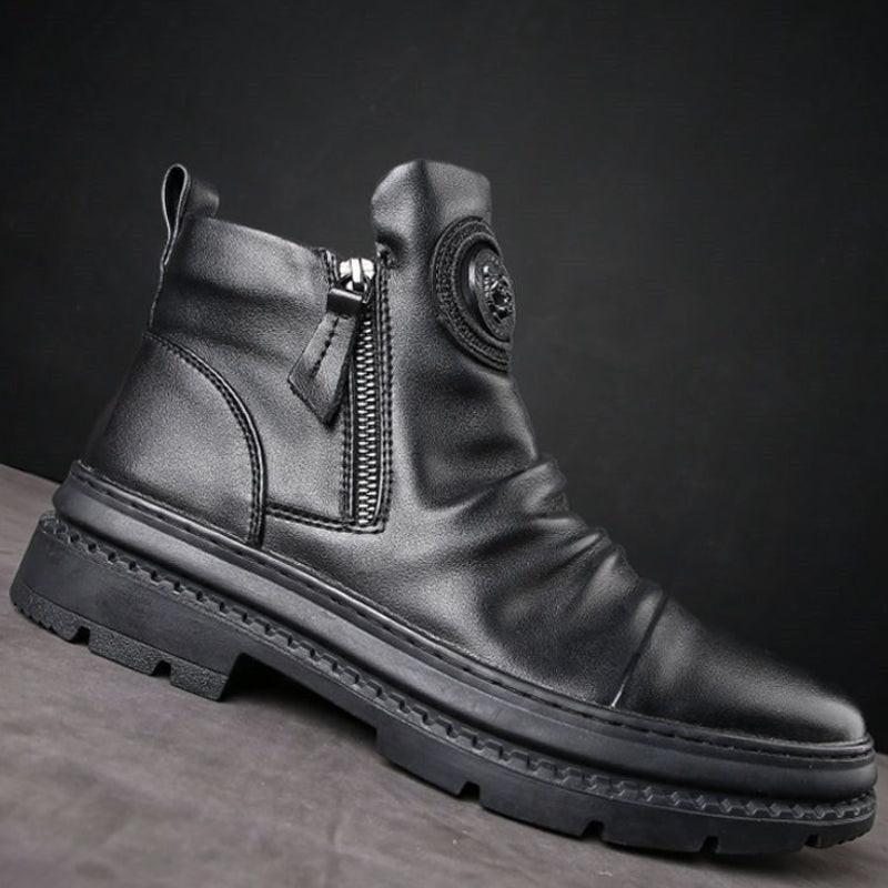 Men's Motorcycle Leather Boots British Style Round Head High Top Shoes Side Zip Walking Casual Platform Boots Bota Masculina - Buy online at  Vibe In Cart.