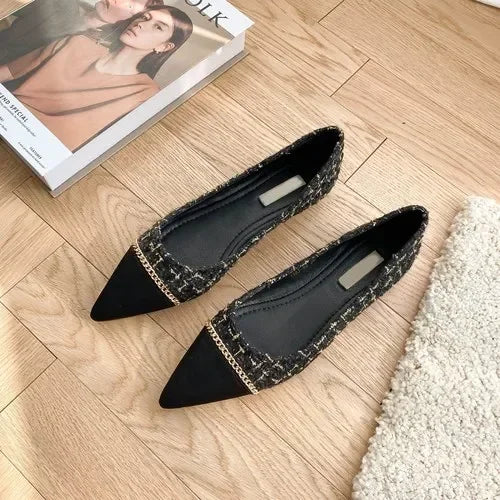 Women's Pointed Toe Low-Heeled Slip-On Flats with Metal Decoration