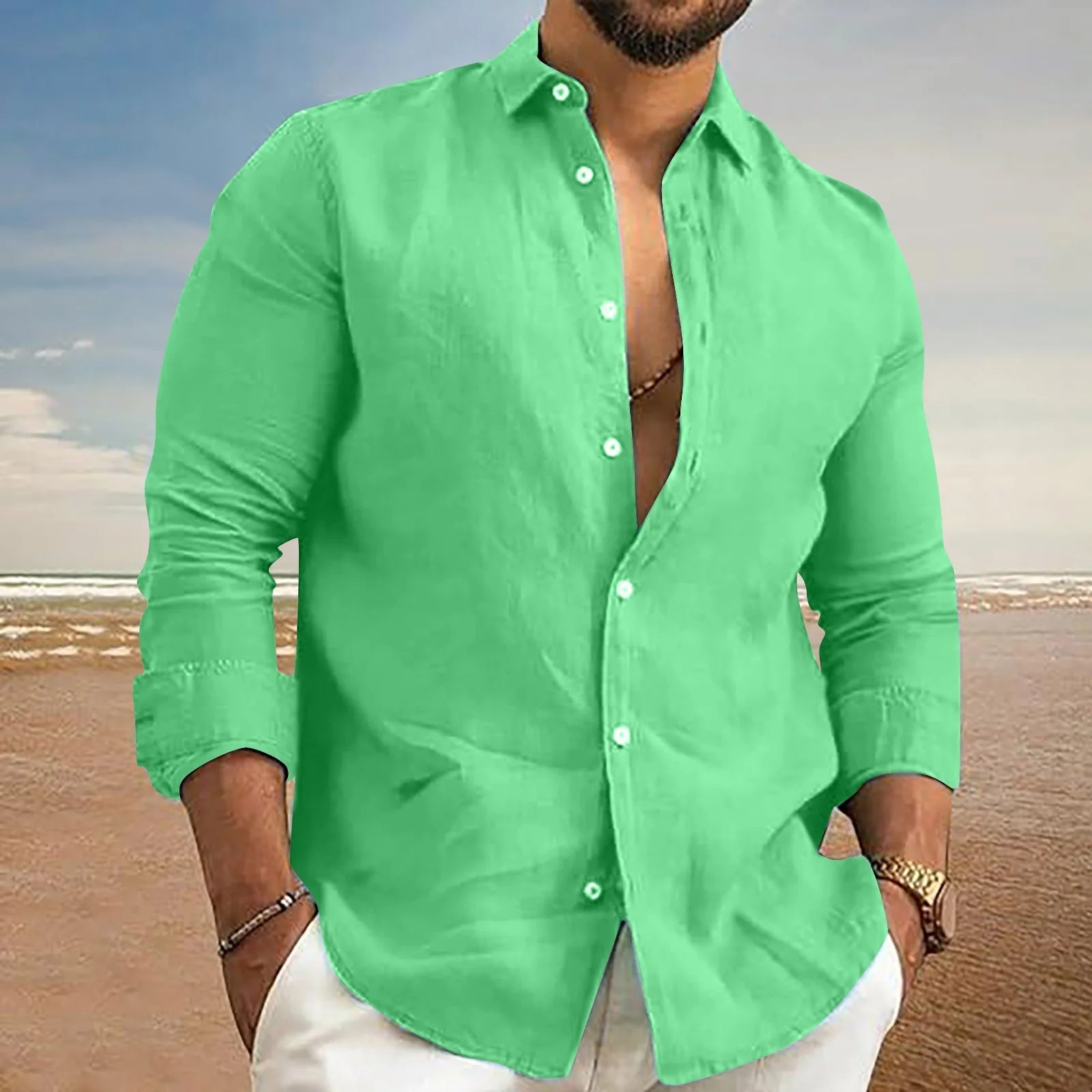 Men's Spring And Summer New Cotton Hemp New Men's Cool Long Sleeve Shirt Solid Color Loose Lapel Casual Beach Style Shirt - Buy online at  Vibe In Cart.