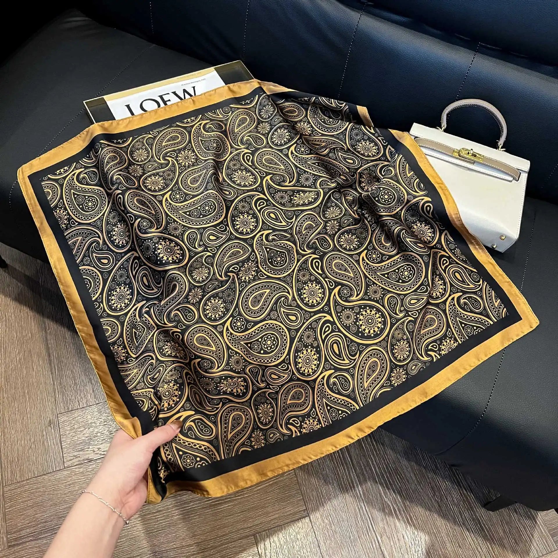 Printed Paisley Houndstooth Square Scarf for Women, Coffee Color, Polyester