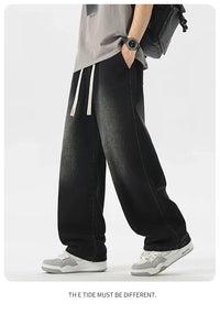 Men's Loose Wide-Leg Straight Casual Baggy Jeans in Black, Grey, and Blue