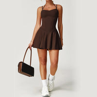 Womens Spaghetti Strap Tennis Dress with Built-in Shorts and Bra Golf Athletic Dress with Pockets