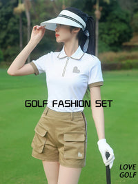 Love Golf Women Short Sleeve Sports Shirts Breathable Casual Tops Ladies High Waist Golf Shorts Quick Dry Skorts with Pockets