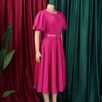 Women's Polyester O Neck Short Sleeve Belted Pleated Mid-Calf Dress