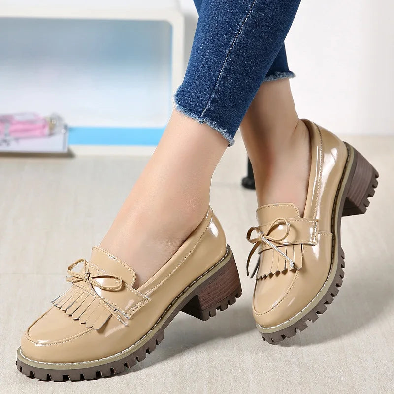 Women's Leather Loafers with Fringe Slip-On Brown Flats