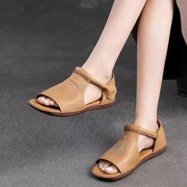 2025 Summer New Women's Peep Toe Flat Sandals - Retro Soft Leather Breathable Comfortable Versatile Casual Shoes - Buy online at  Vibe In Cart.