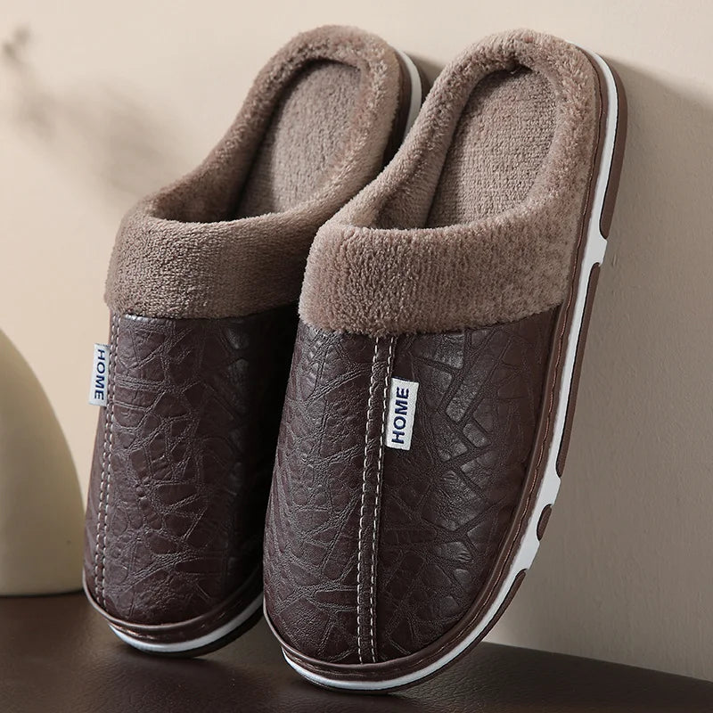 Mens Winter Slippers PU Leather Waterproof Indoor House Shoes Big Size Warm Fur Lined Home Bedroom Slippers - Buy online at  Vibe In Cart.