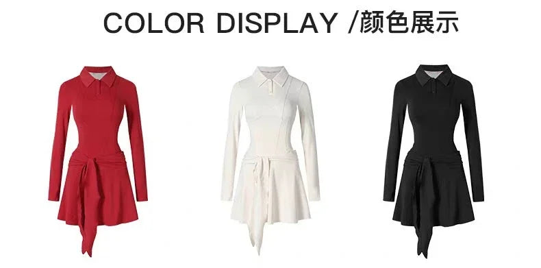 Womens tennis dresses Long Sleeve golf wear Sports Dress lapel mini Skirt Built in Shorts Workout badminton yoga fitness wear