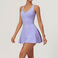Sleeveless Zipper Tennis Dresses Women's Push-up Workout Yoga Dress Sexy Solid Bodysuit Jumpsuit Skirt Gym Dance Fitness Clothes