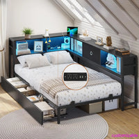 DICTAC Twin Corner Bed Frame w/ Bookcase, Storage Drawers & Charging Station - LED Lights Daybed for Living Room/Bedroom/Guest - Buy online at  Vibe In Cart.