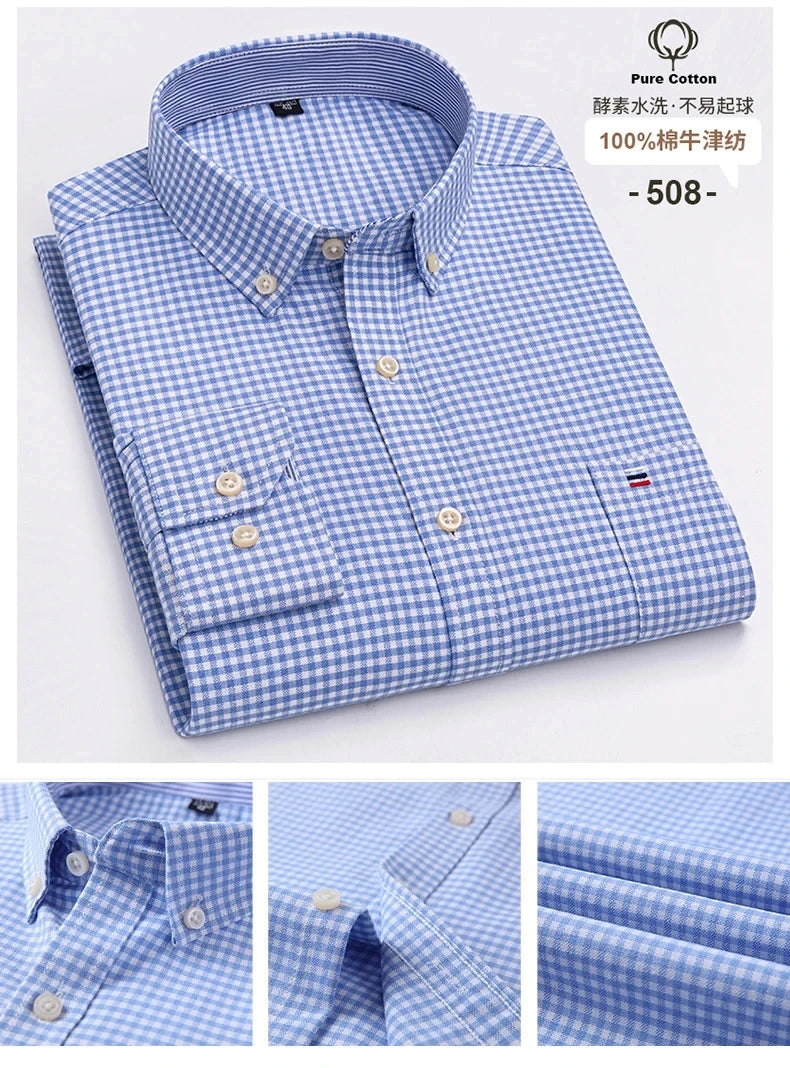 100% Cotton Oxford Men's Shirts Long Sleeves Plaid Soft Regular Fit Formal Dress Shirt Pocket Social Blouse Male Clothes S-7XL - Buy online at  Vibe In Cart.