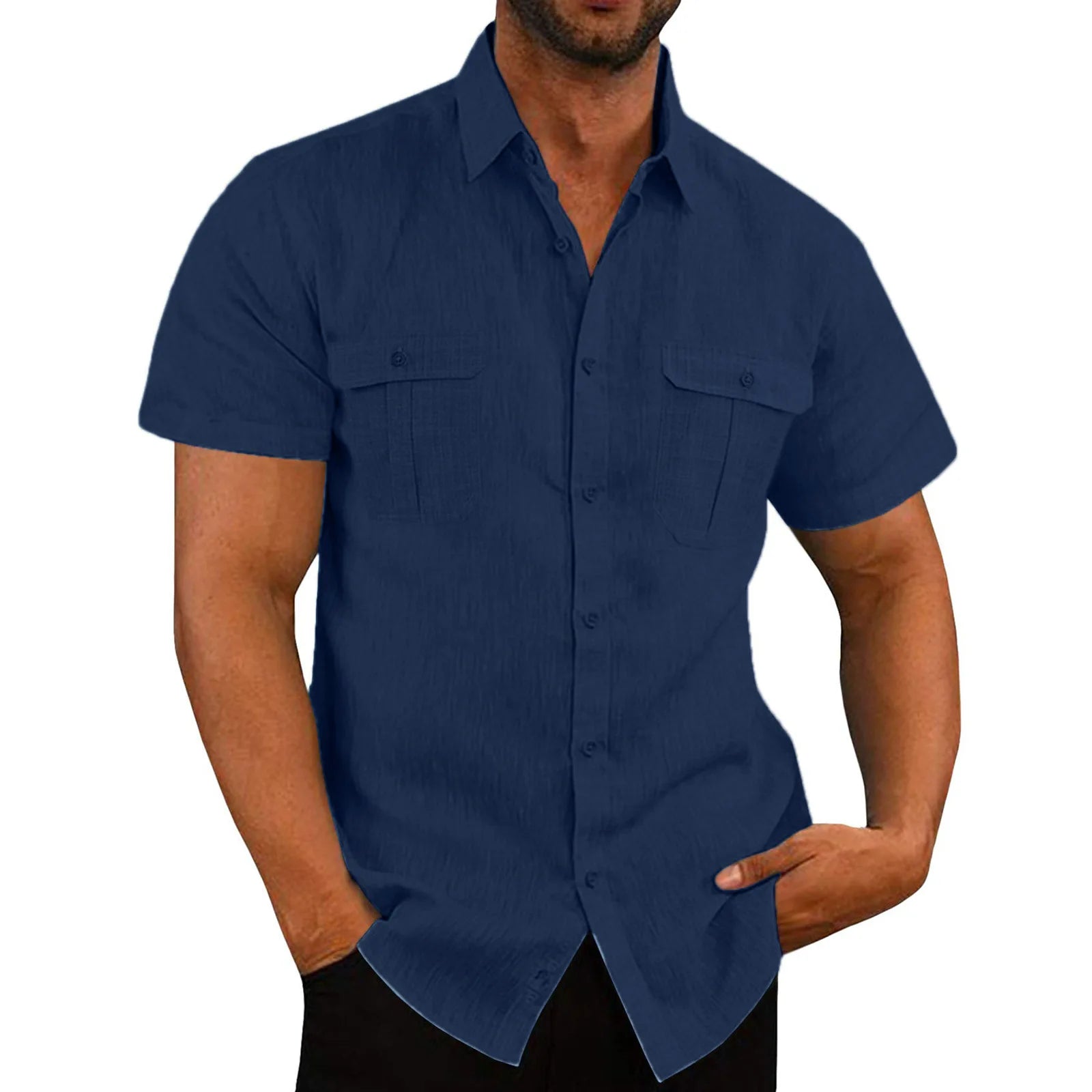 Men's Short-Sleeved Summer Casual Shirt, Polyester Linen, Turn-Down Collar, Sizes M-5XL
