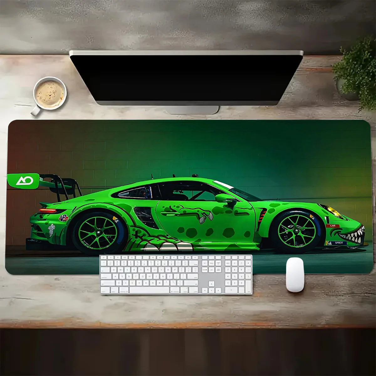 Large White Sports Car Design Gaming Mouse Pad with Anti-Slip Rubber Base