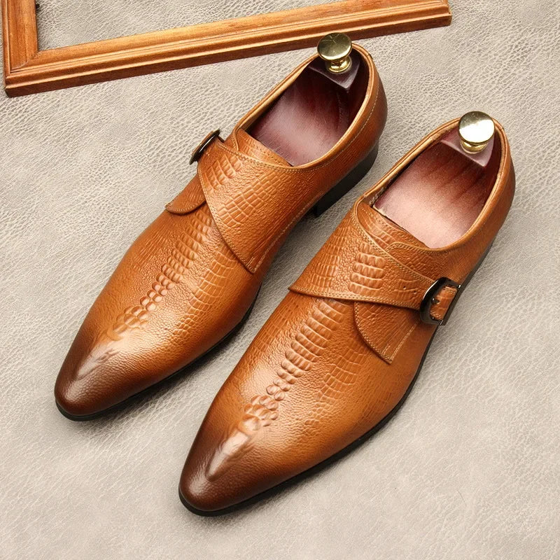 Men's Black And Blue Genuine Leather Oxford Shoes With Crocodile Pattern