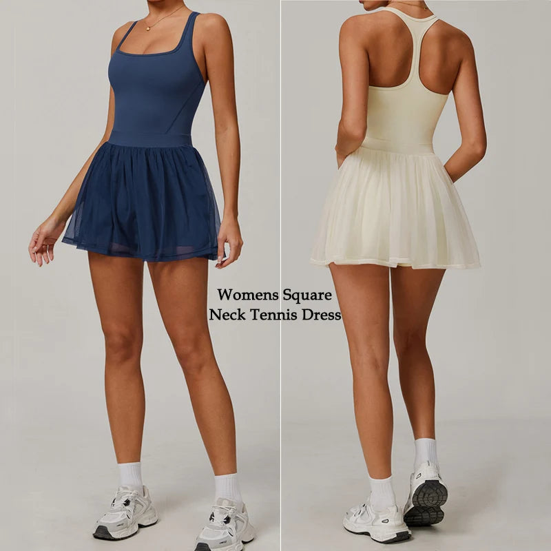 VITALINOVO Womens Tennis Dress with Built in Shorts Golf Dress Square Neck Athletic Outfits Active Dresses Raceback Padded Dress
