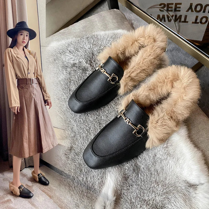 Retro Loafers 2024 Fashion Women's Shoes Autumn and Winter Women Velvet Warm Flat-bottomed Rabbit Fur Leather Shoes - Buy online at  Vibe In Cart.