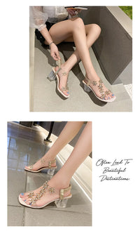 Women's High Heel Back Strap Sandals with Square Heel and Crystal
