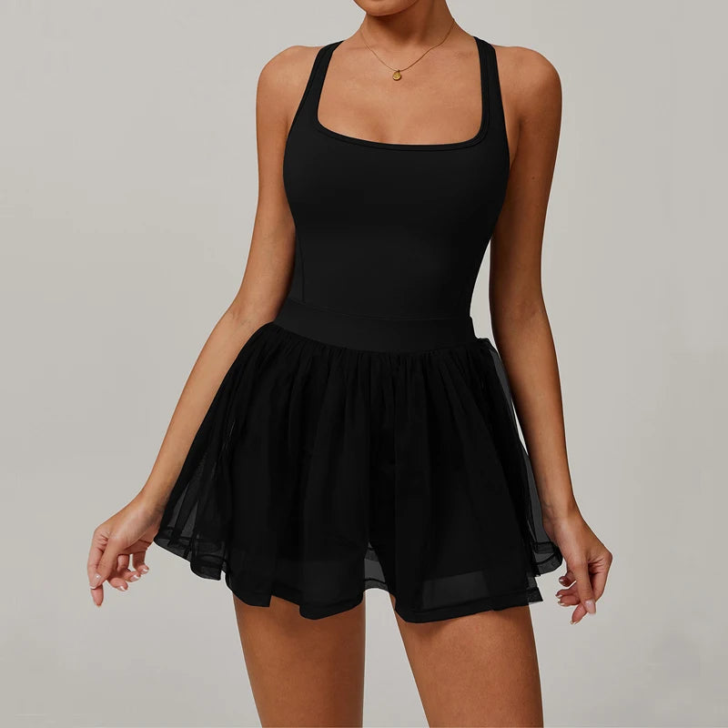 VITALINOVO Womens Tennis Dress with Built in Shorts Golf Dress Square Neck Athletic Outfits Active Dresses Raceback Padded Dress