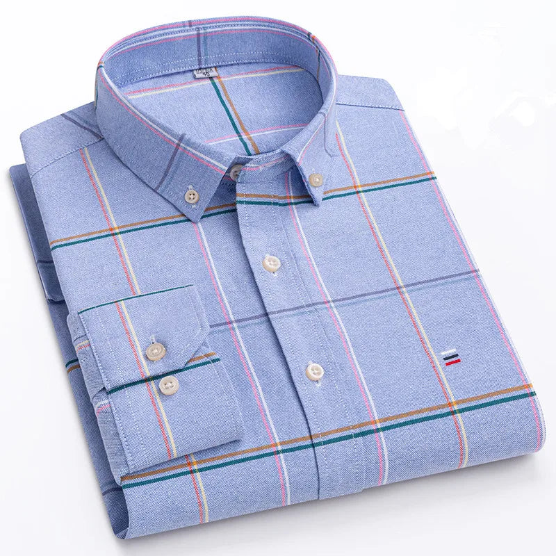 Men's Long Sleeve 100% Cotton Oxford Plaid Shirt