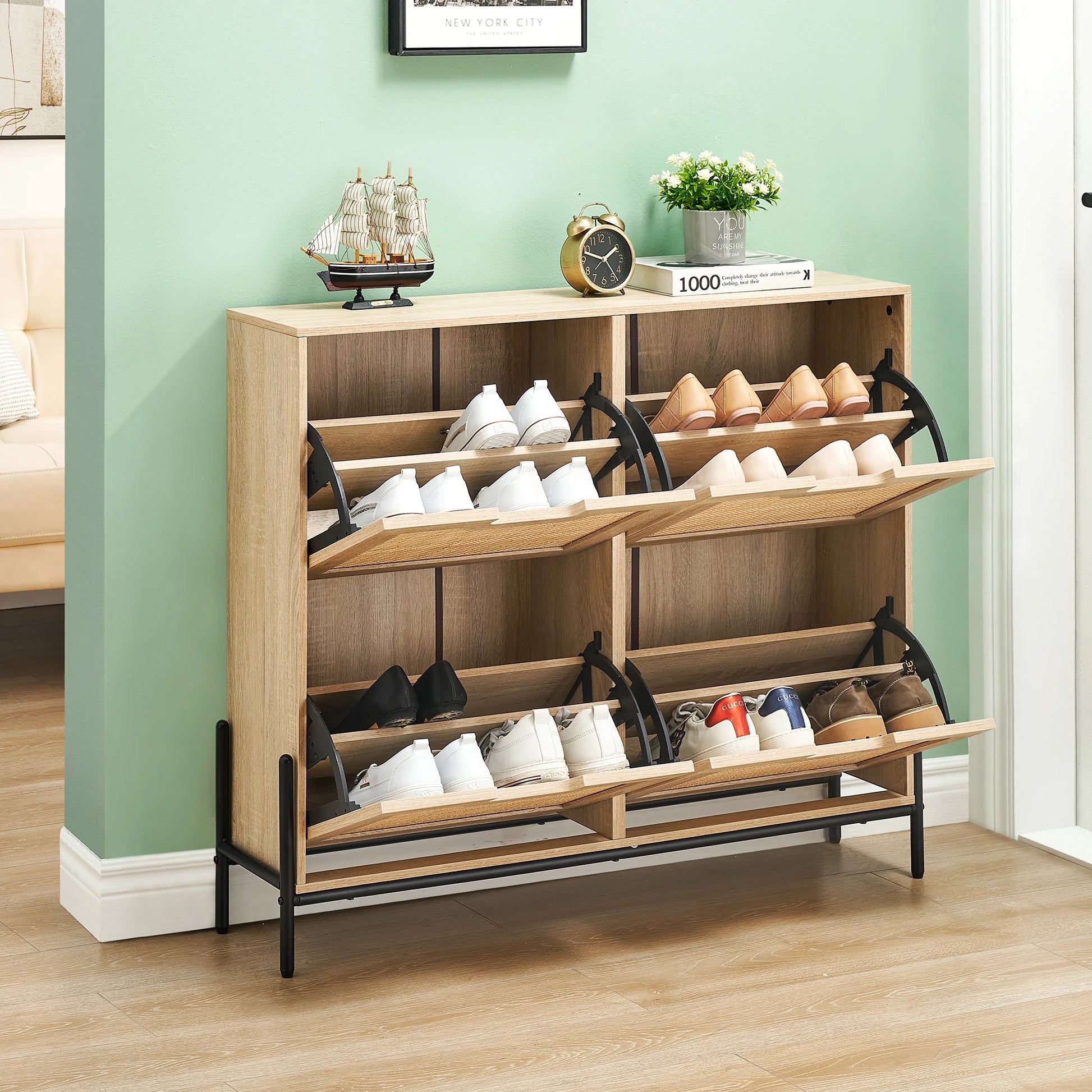 Rattan Shoe Storage Cabinet, Entryway Shoes Cabinet with 4 Flip Doors, Freestanding Shoe Rack with 3 Position Adjustable Shelves - Buy online at  Vibe In Cart.