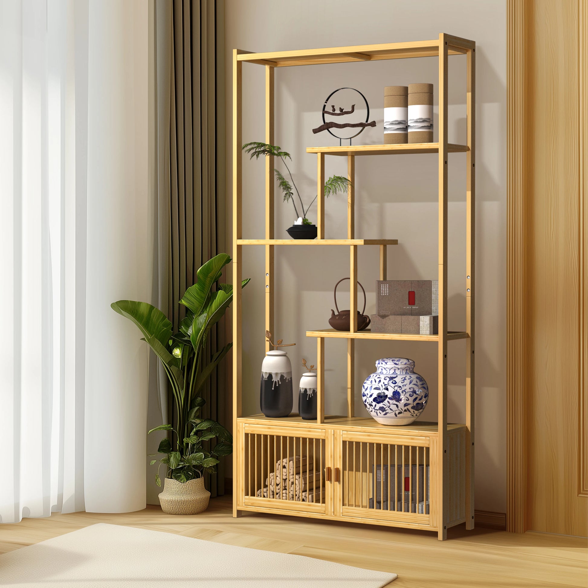 6 Tier Bamboo Bookshelf Bamboo Storage Rack with Cabinet Living Room Display Rack Storage Organizer for Home Office - Buy online at  Vibe In Cart.