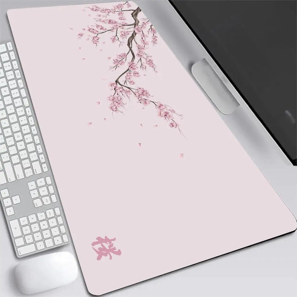 XXL Gray Rubber and Cloth Mouse Pad with Cherry Blossom Design