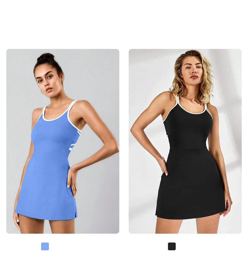 Women Tennis Dress with Inner Short Golf Badminton Skorts Backless Cross Tracksuits Ladies Sleeveless Golf Yoga Dresses S-XL