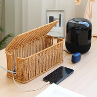 Rattan Cable Management Box with 2 Open Slots for Under Desk