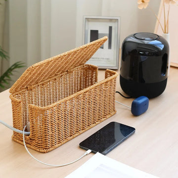 Rattan Cable Management Box with 2 Open Slots for Under Desk