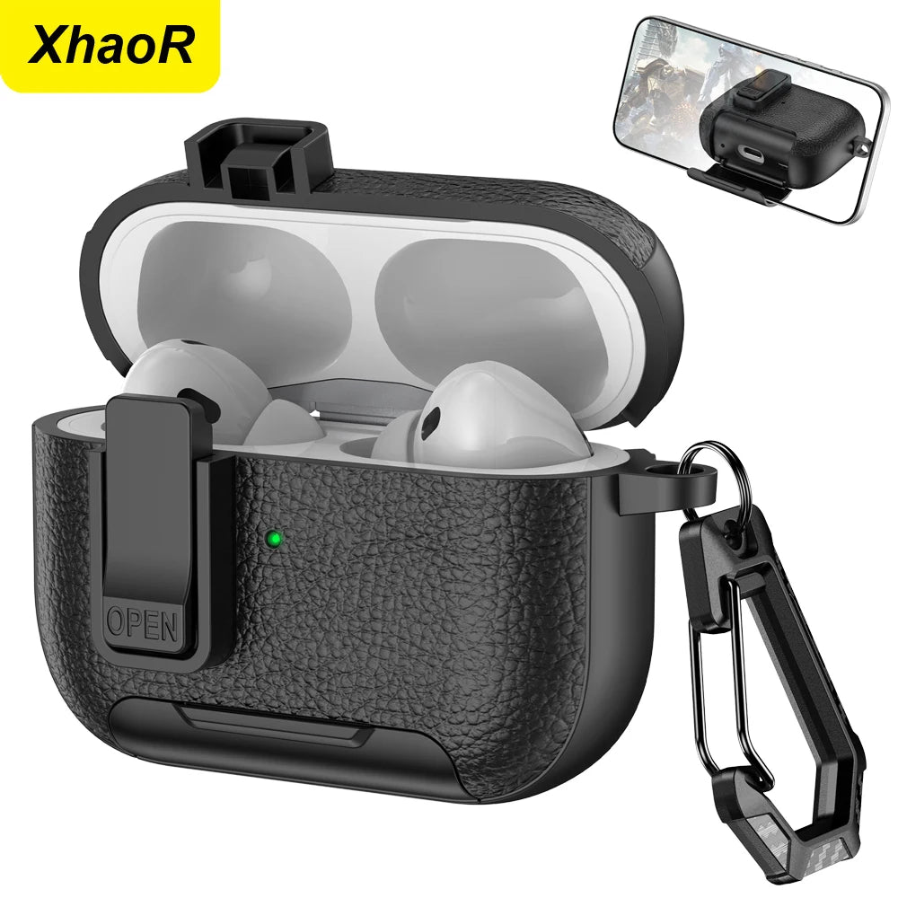 Earphone Protective Case with Leather Texture, Secure Lock, Stand and Wireless Charging Support