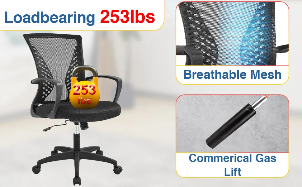 Office Chair Mesh Chair Ergonomic Computer Desk Chair Mid Back Swivel Lumbar Support with Armrest - Buy online at  Vibe In Cart.
