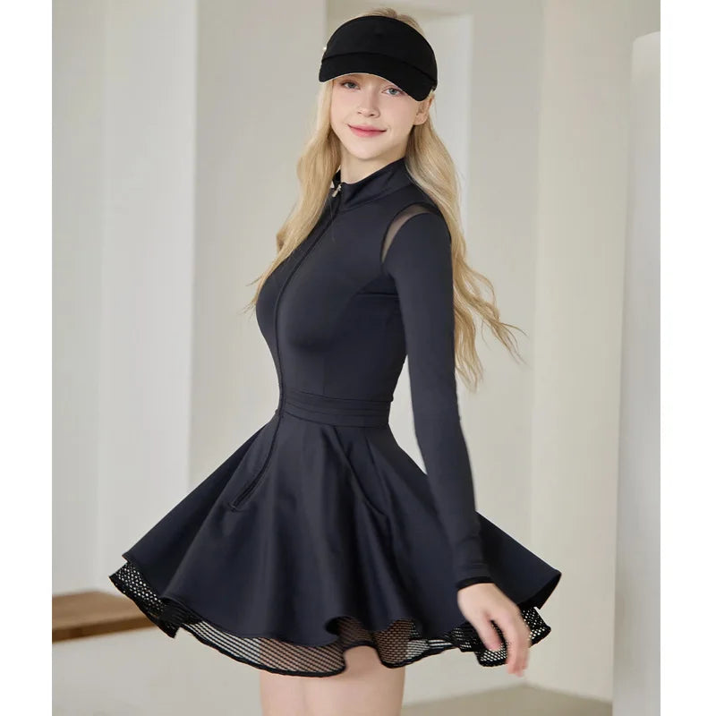 Spring Autumn Tennis Dress with Short Women Lace Ruffle Golf Sports Dresses Long Sleeve Sexy Zipper Skirt Exercise Yoga Clothing