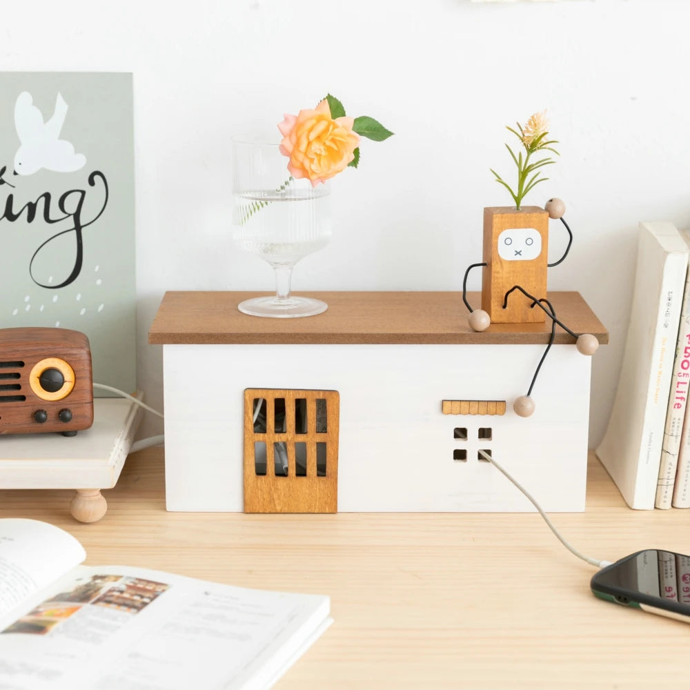 Wooden Rectangle Storage Box for Desktop Cord Organization
