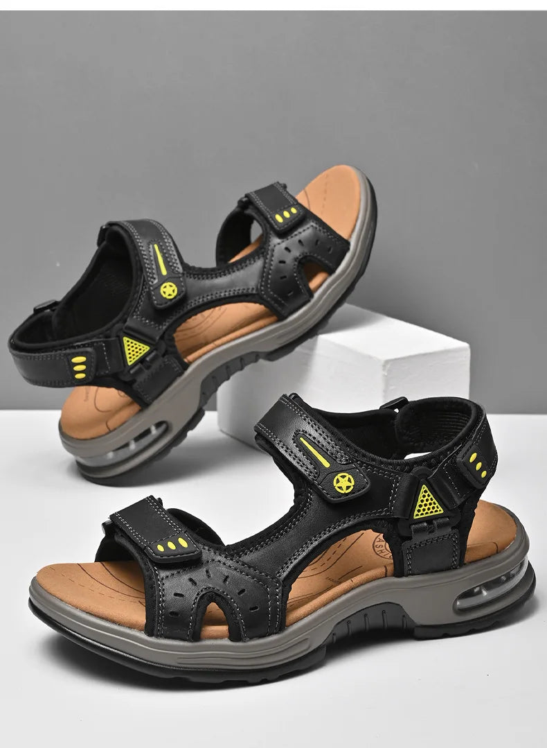 Men's Genuine Leather Breathable Beach Sandals Size 46