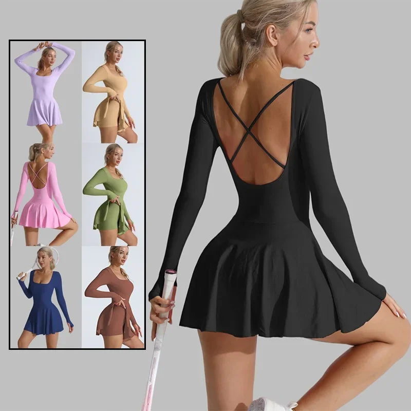 Women Tennis Dress U-Neck Sexy Slim Sports Sets Long Sleeve Golf Skorts Backless Cross Tennis Dress with Short Yoga Suits