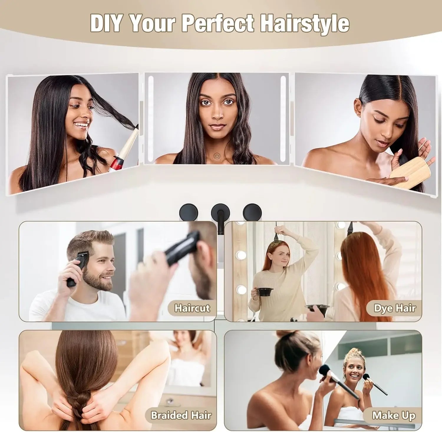 LED Lights 3 Way Mirror for Self Hair Cutting Rechargeable 360° Mirror with Self Haircut Mirror with Height Adjustable Hooks - Buy online at  Vibe In Cart.