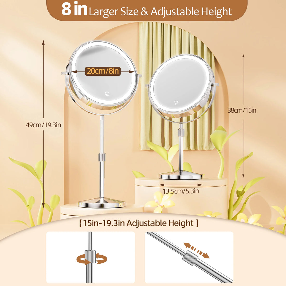 8 Inch Makeup Mirror With Light Lamp 10X Magnification 3 Color Lights,Adjustable Brightness Height Standing Cosmetic Mirror - Buy online at  Vibe In Cart.
