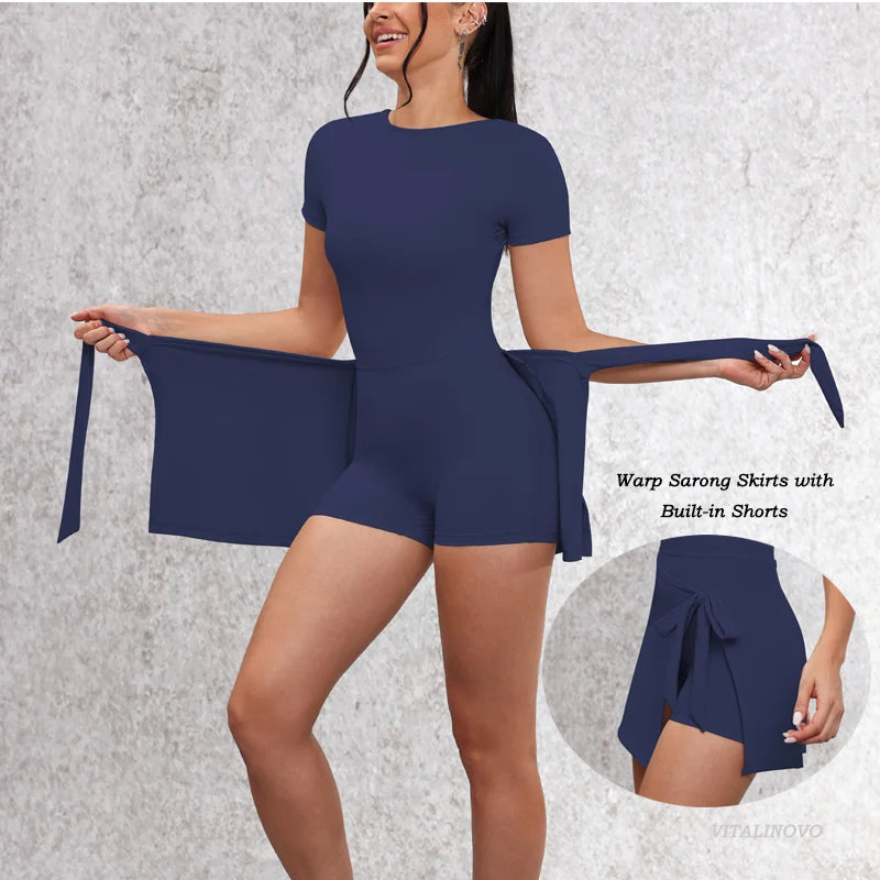 VITALINOVO Tennis Dress for Women Short Sleeve Crewneck Wrap Sarong Skirt Built in Shorts U Back Workout Golf Athletic Dresses