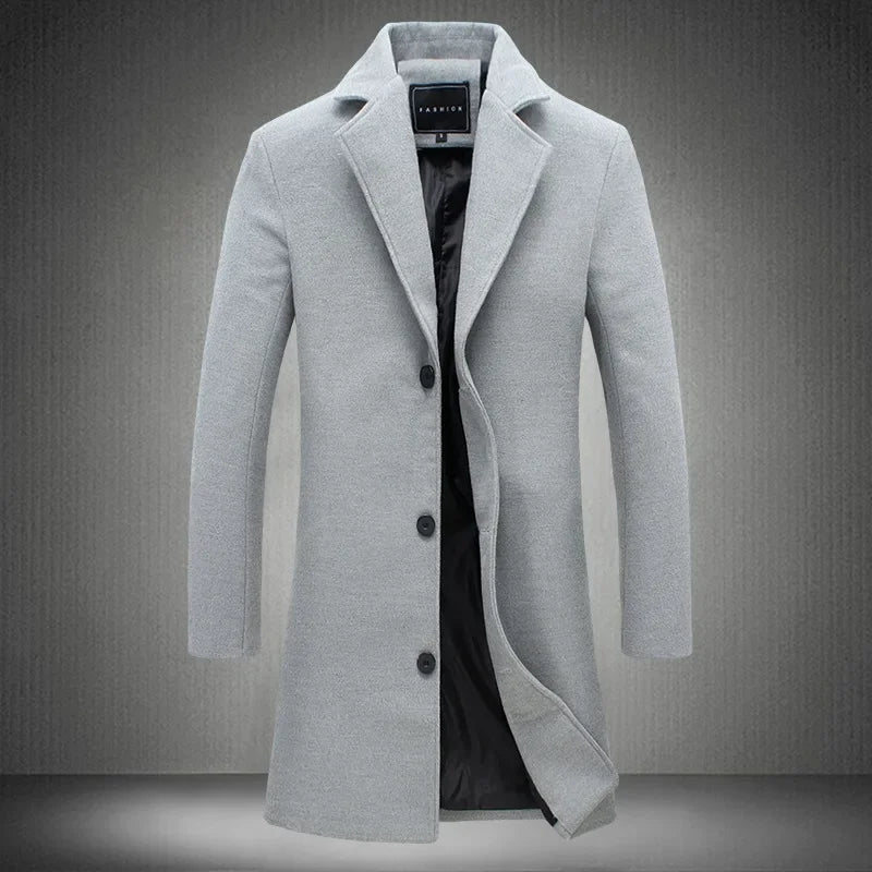 Men's Slim Long Wool Blend Cotton Single Breasted Coat for Autumn and Winter