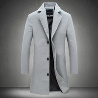 Men's Slim Long Wool Blend Cotton Single Breasted Coat for Autumn and Winter