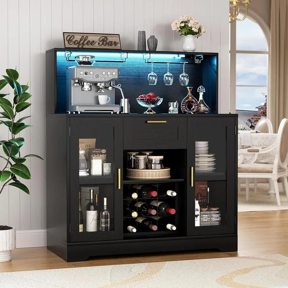 Illuminated Wine & Liquor Cabinet with Rack, Glass Holder, and Storage for Kitchen Buffet - Buy online at  Vibe In Cart.