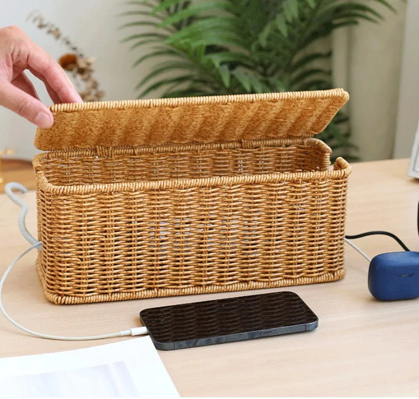 Rattan Cable Management Box with 2 Open Slots for Under Desk
