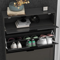 Contemporary Black Wood Shoe Storage Cabinet - Slim 3-Tier Freestanding Entryway Rack - Buy online at  Vibe In Cart.