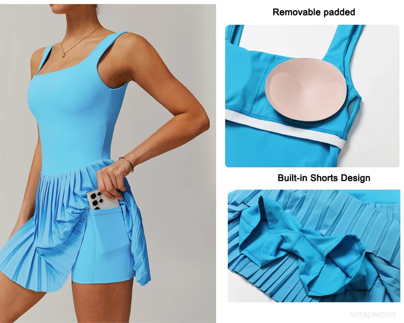 VITALINOVO Workout Tennis Dress with Built in Shorts Square Neck Padded Workout Dress with Pockets Golf Athletic Mini Dresses - Buy online at  Vibe In Cart.