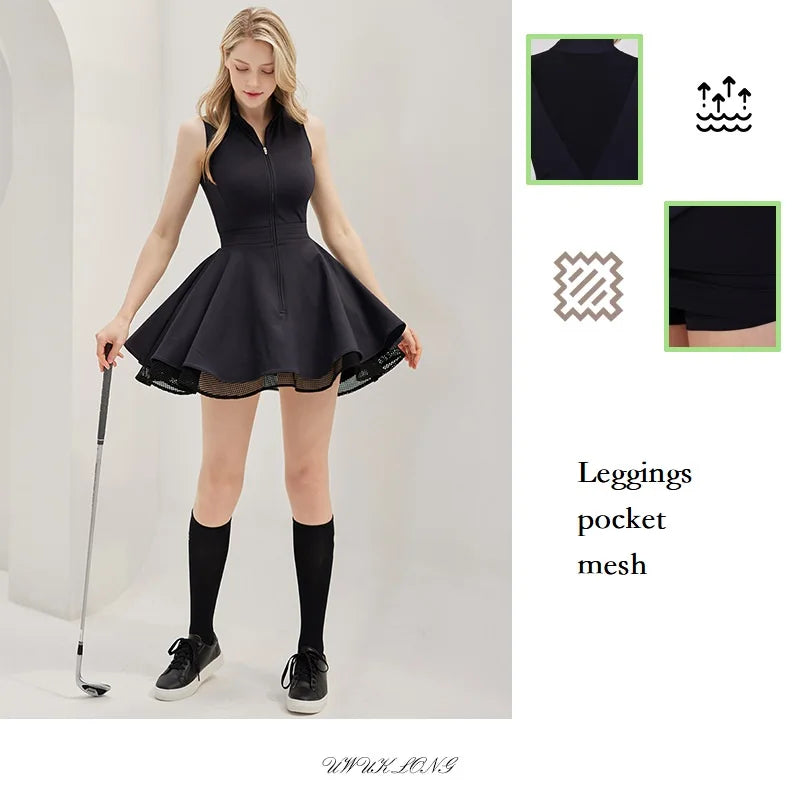 New Summer Women Tennis Polo Dress Zipper Collar Slim Golf Tennis Dress Lady Sleeveless Lace Ruffle Golf Skirts with Inner Short - Buy online at  Vibe In Cart.