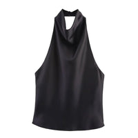 Women's Short Sleeveless Backless Tops with Buttons, Polyester