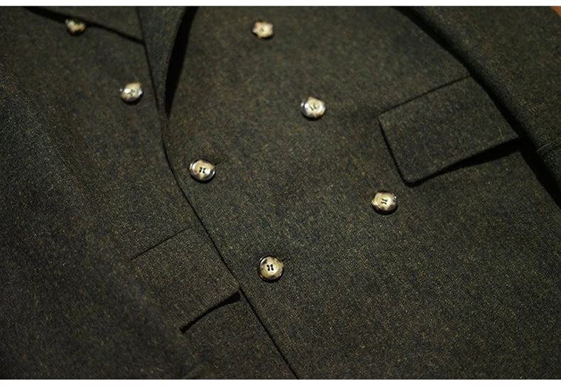 Men's Long Double Breasted Green Overcoat for Autumn and Winter