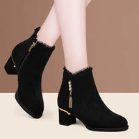 2025 New British Style Winter Boots Women - Round Toe Tassel Furry Lined Mid Heel Ankle Boots Diamond Decor Zip Side - Buy online at  Vibe In Cart.