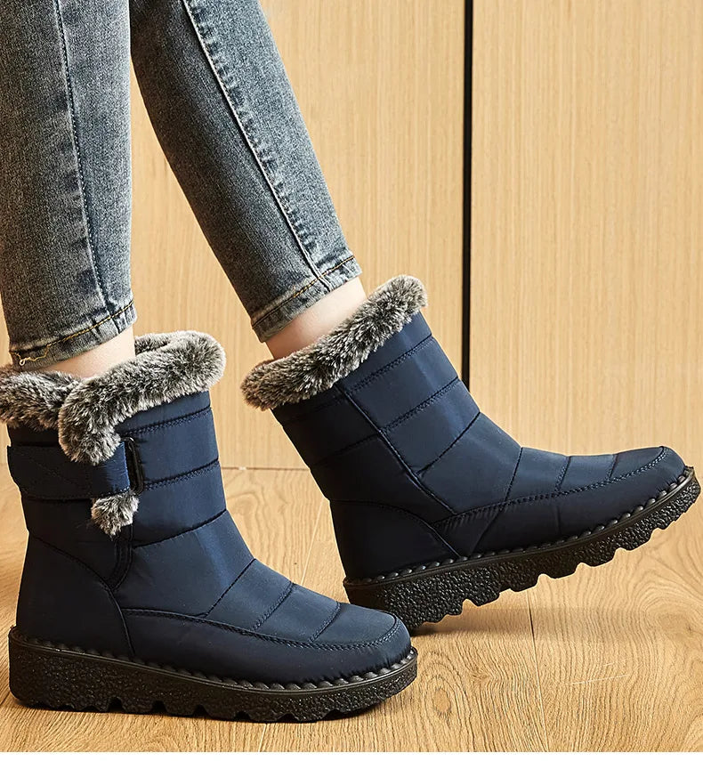 Women's Waterproof Ankle Snow Boots with Low Wedges Heel and Fur